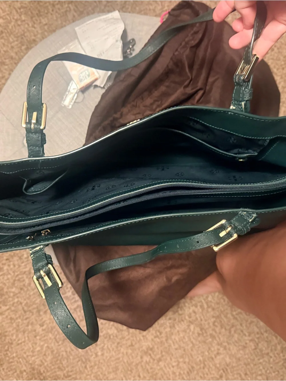 Tory Burch Dark Green Leather Tote with Gold Emblem